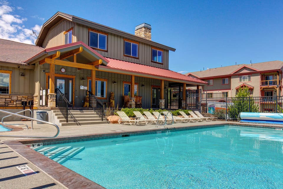 Bear Hollow Clubhouse with lobby/sitting area, seasonal pool, hot tub, and fitness center