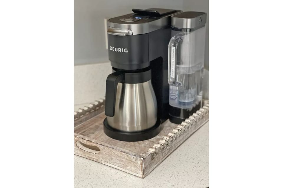 Brew a cup or pot, a few Starbucks and Fire Dept Coffee K-cups provided!