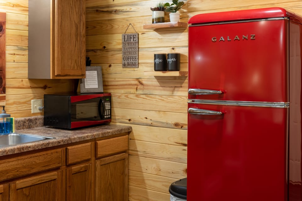 Floating shelves complete with coffee and sugar. Shelves were hand made