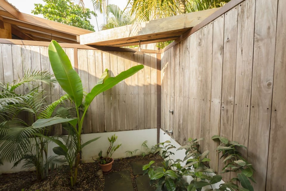 The modern outdoor shower surrounded in greenery is perfect for rinsing off after a day at the beach