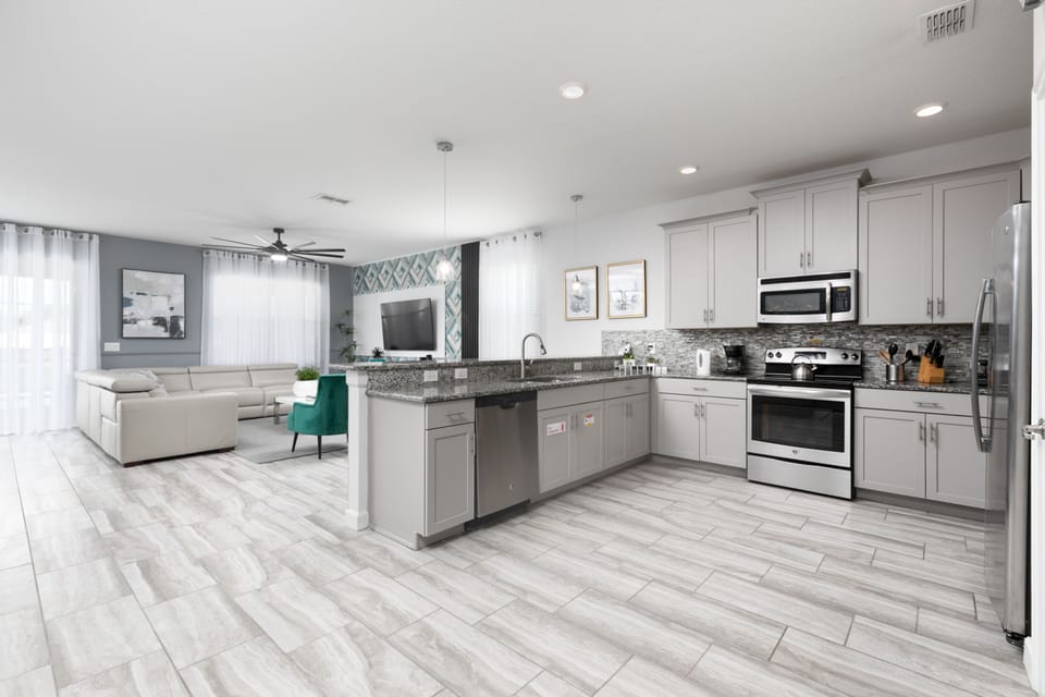 A lot of cabinet space. Fully integrated with the living and dinning areas.