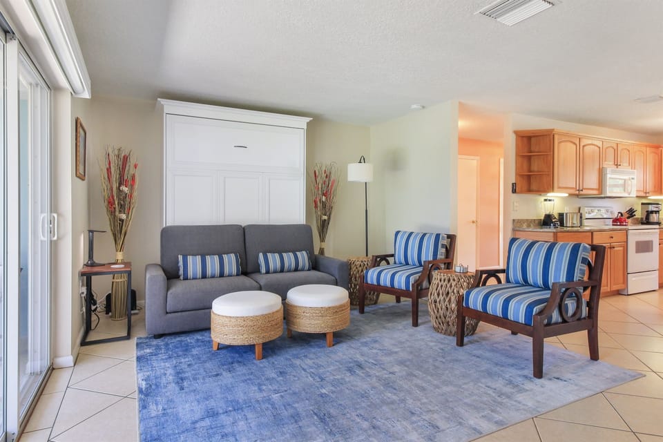 Living Room has pull down murphy bed with queen mattress behind the couch