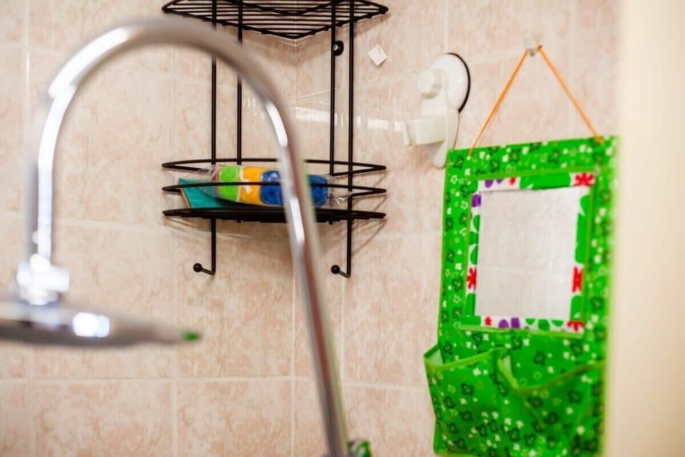 Bathroom Details – Thoughtfully arranged bathroom with mirror and storage space.