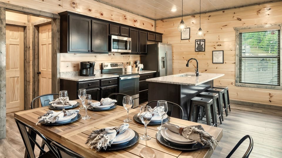 Let's get cozy in our cabin kitchen & dining - perfect for a delicious meal with friends and family