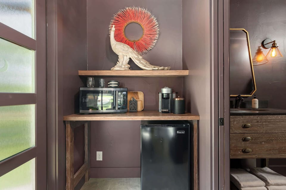 Mini fridge, microwave and Nespresso