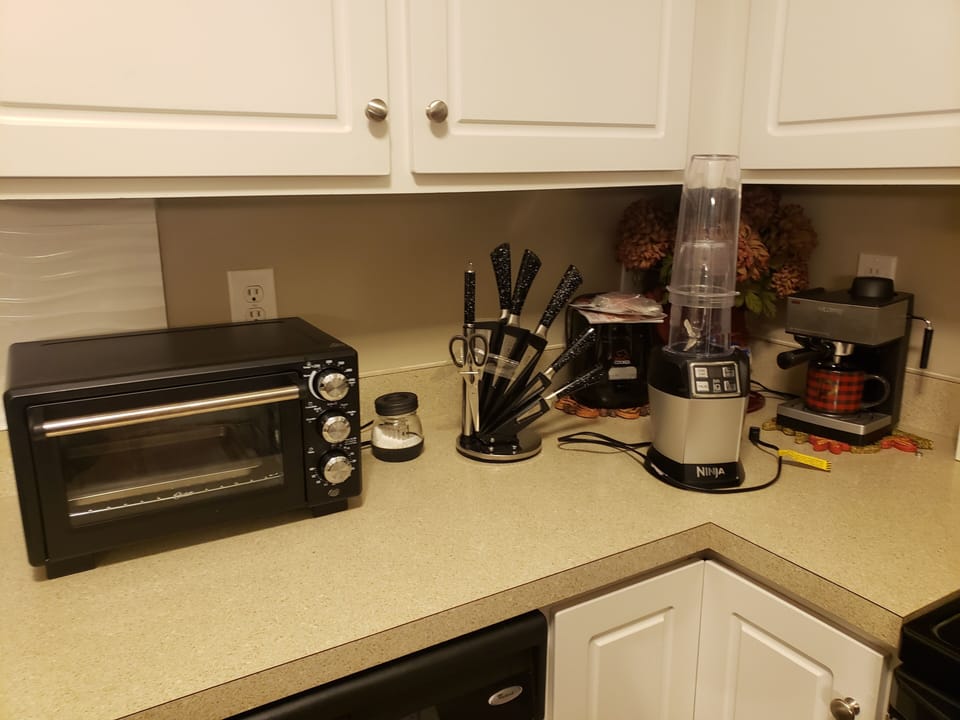 Kitchen counters with appliances.