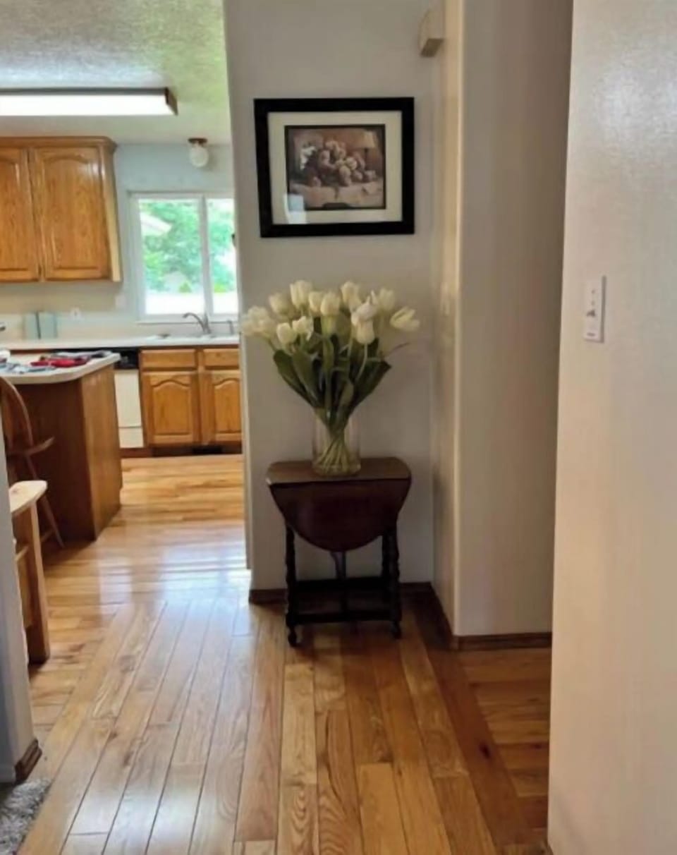 Entry way. To the right is hallway & bedrooms. Straight and left is kitchen.