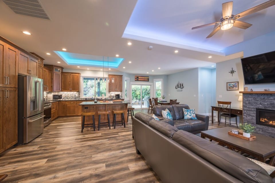 Overview of the great room, kitchen and dining room.