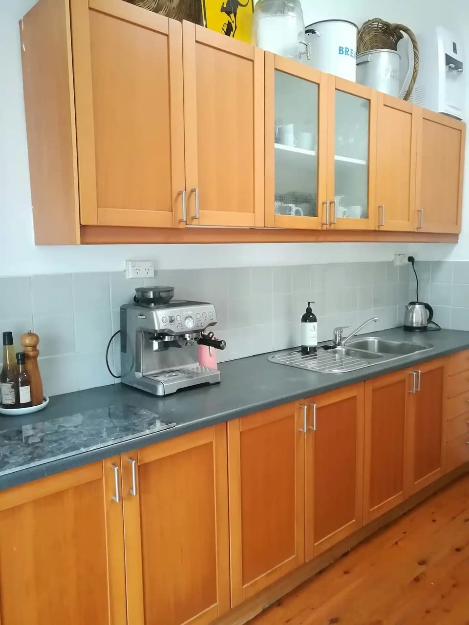 Large kitchen area with ample seating.