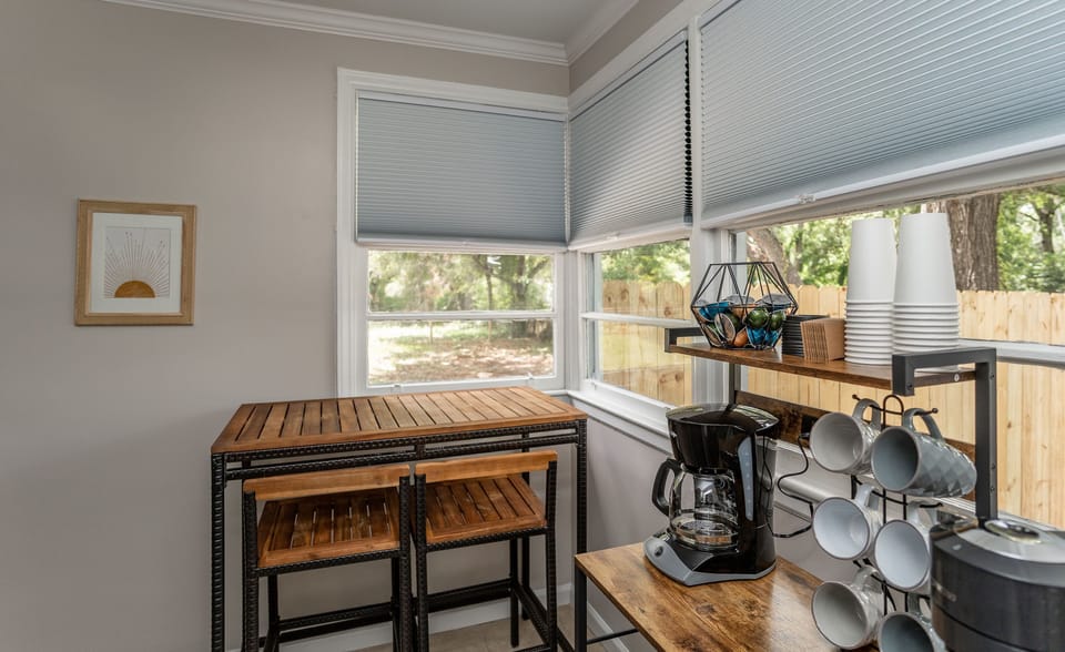 Bistro seating for 2, outdoor patio table for 6, Nespresso and drip coffee