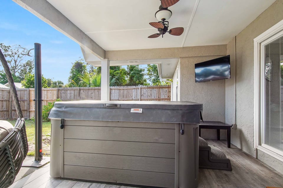 Brand new 7 person hot tub with LED lights and Bluetooth speakers.