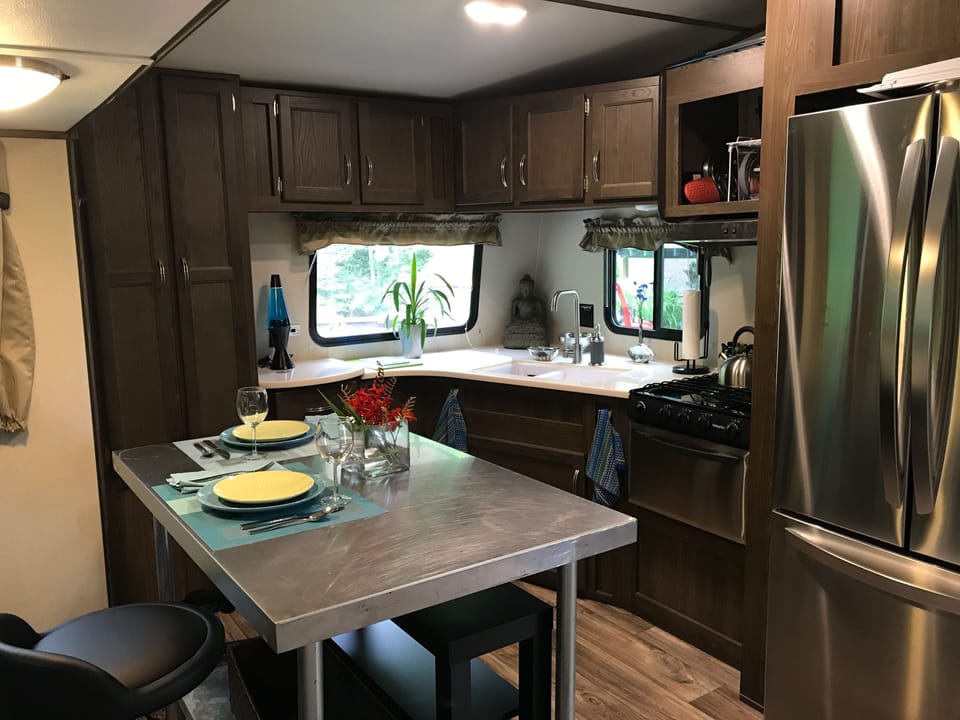 Kitchen in the glamper.  Glamping at its' finest.
