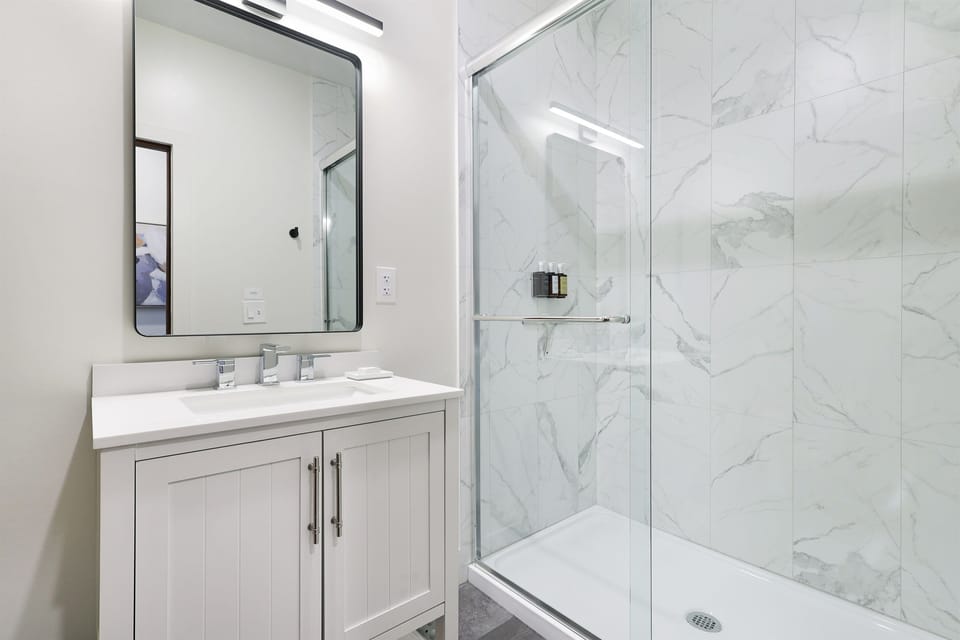 New walk-in tiled shower