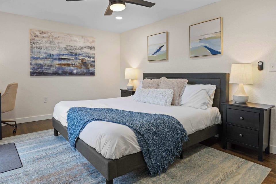 The master bedroom has a comfortable King bed.