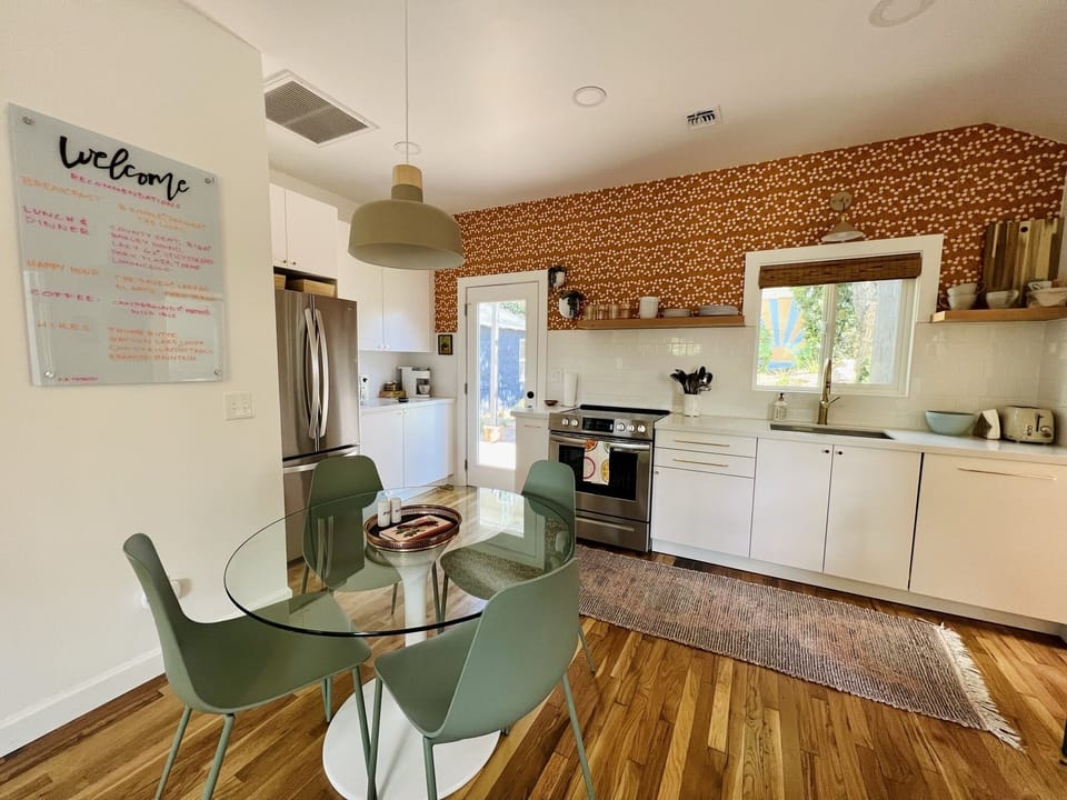 Kitchen and dining. Make sure to check out our recommendation board!