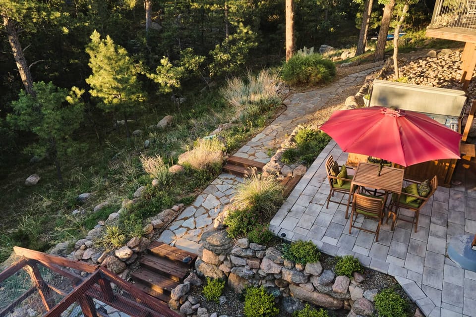 Backyard- outdoor seating, hot tub