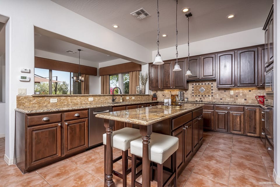 Gourmet kitchen with long center island