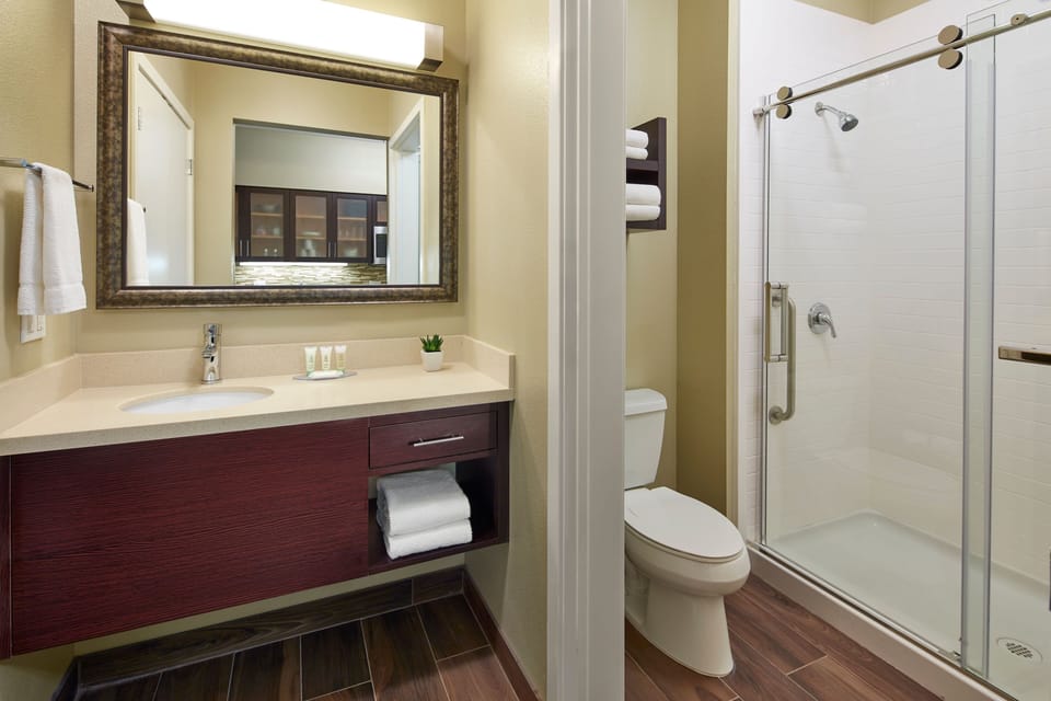 Sleek glass shower and modern vanity in a bright bathroom.