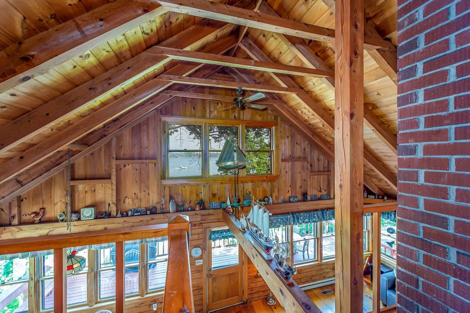 This beautiful cabin has multiple items mounted on the walls