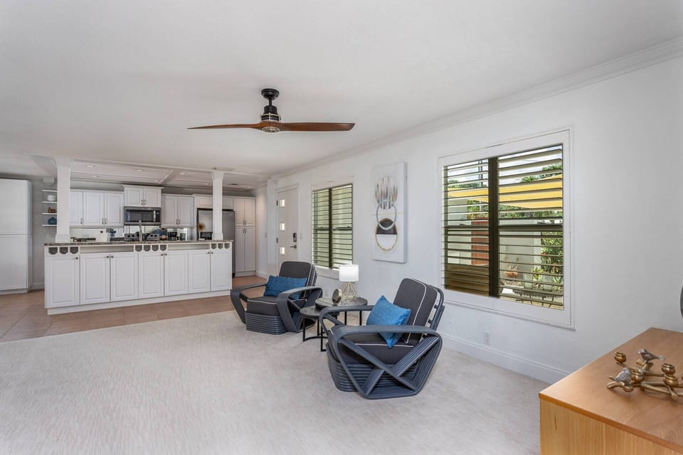 Enjoy the private patio in the front of the home as well.  View from the large living room.
