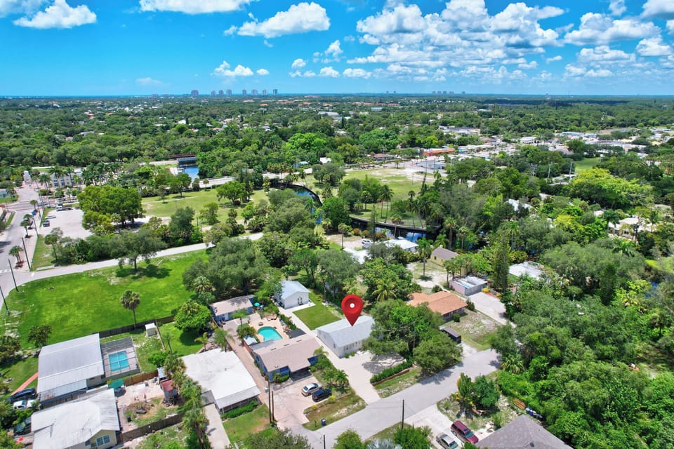 An Aerial View Showing the Main House and Guest House on the Compound