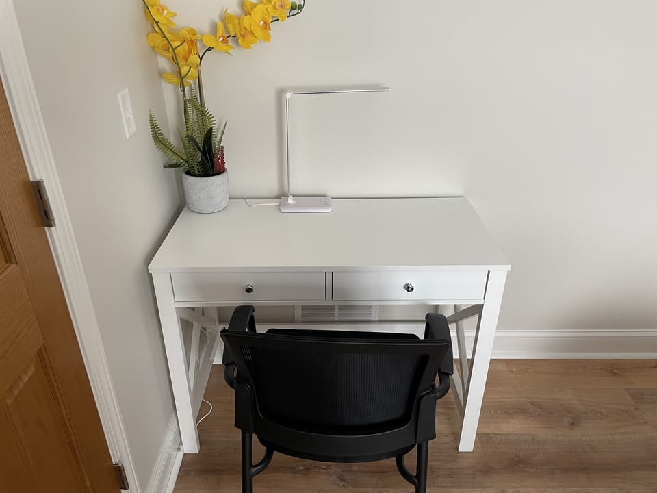 Workspace w/ power outlet, usb/usb-c ports & eye caring natural light task lamp.