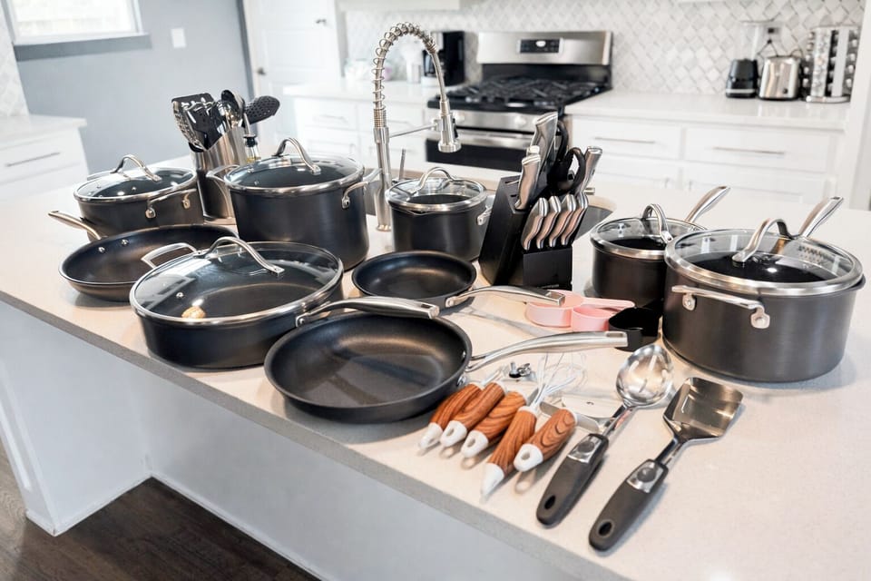 Only a few of our kitchen options. Hard anodized pans for quality experience.