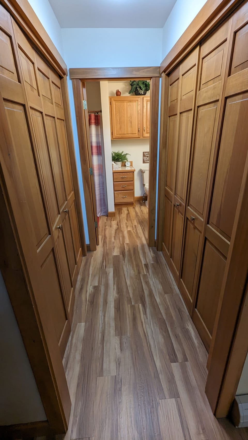 Hallway to the first floor bathroom with standup shower.