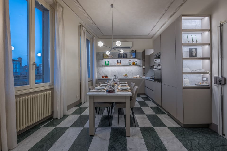 The spacious and bright fully furnished and equipped kitchen (at night)
