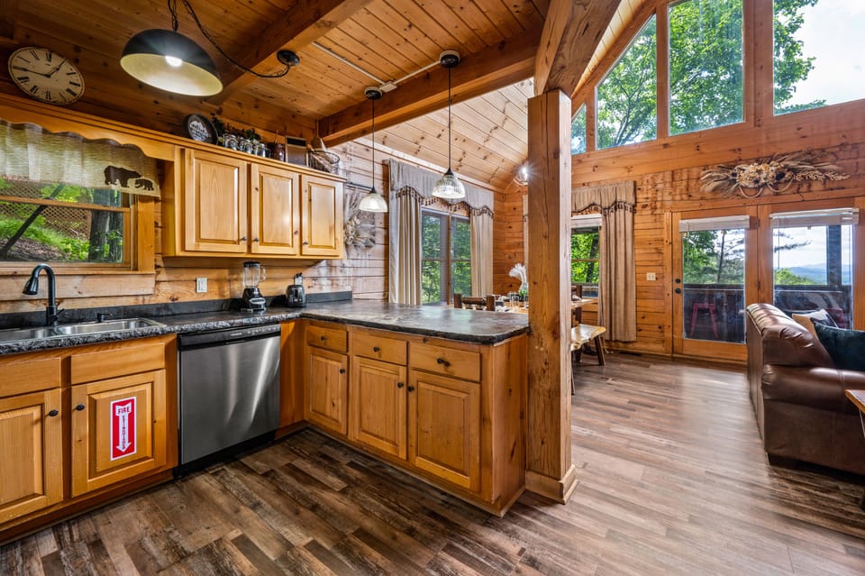 Take the stairs from the lower level to the open floor design of the main floor.