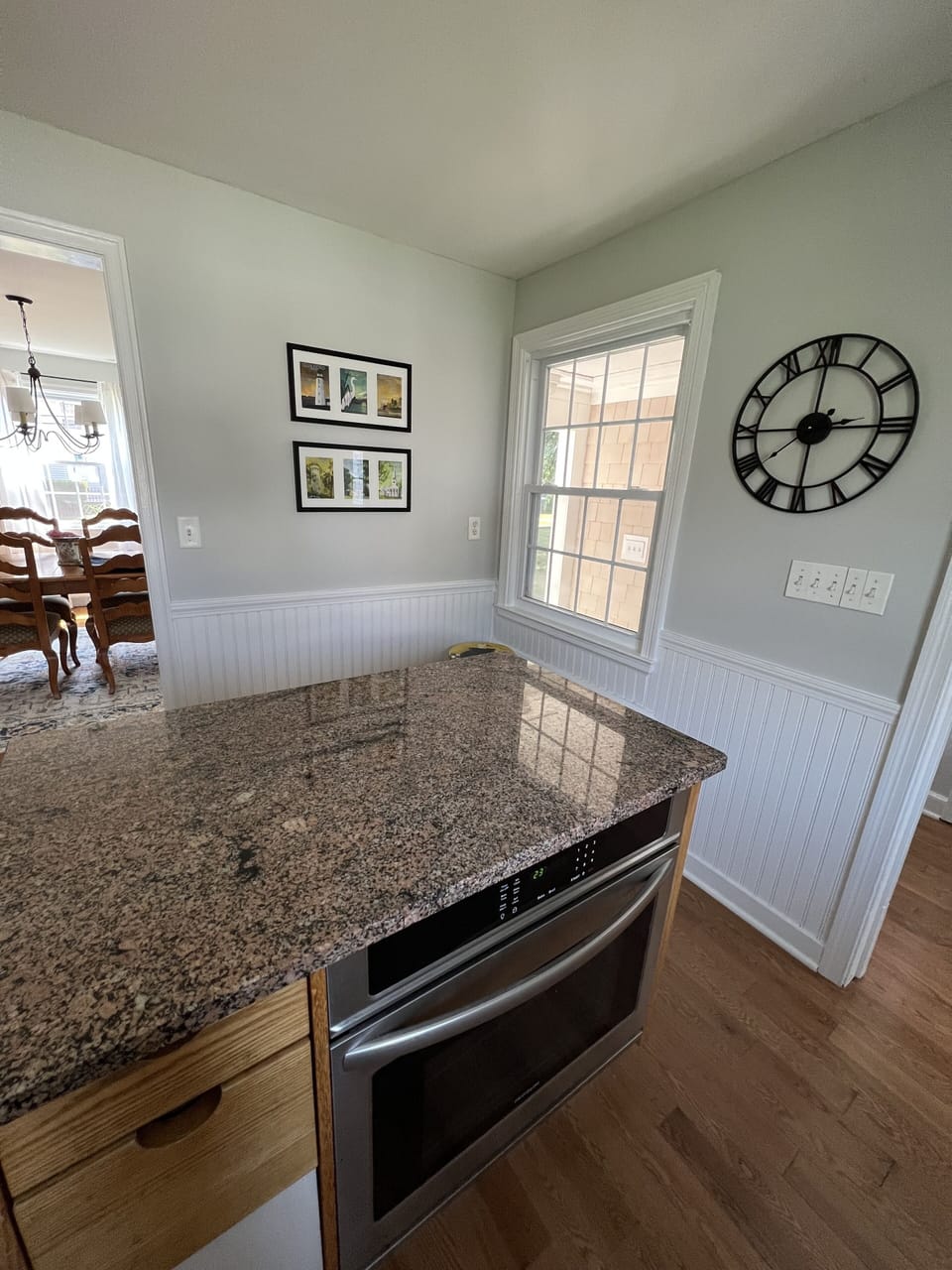 The dining room is off the kitchen