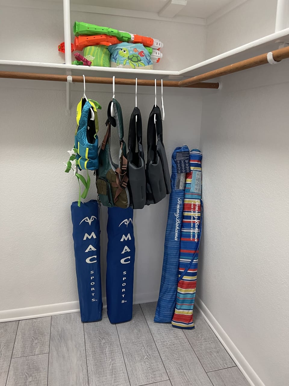 Life jackets - women’s (M and L), men’s (L), youth. 2 beach chairs & umbrellas.