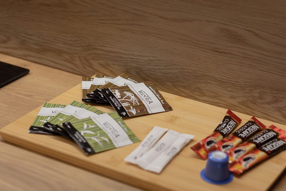 Close-up of coffee and tea bags.