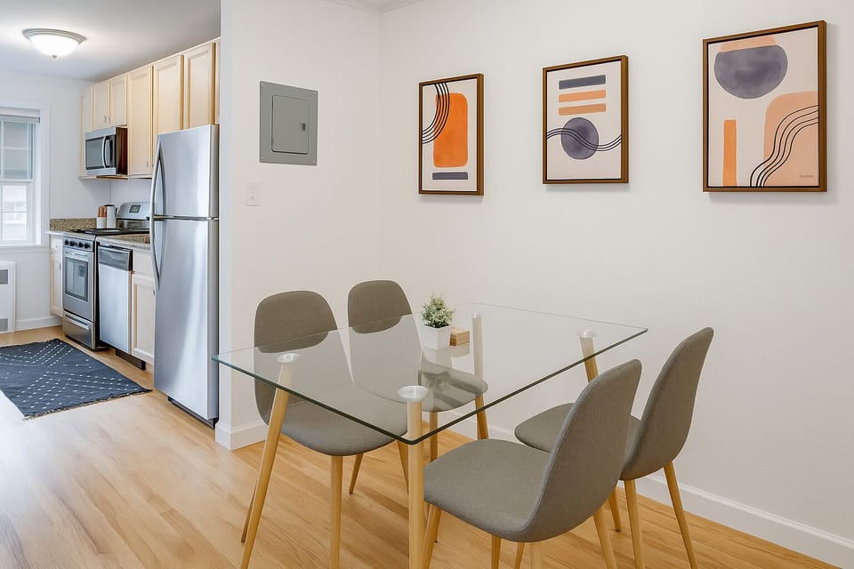 Modern dining nook perfect for meals or remote work.