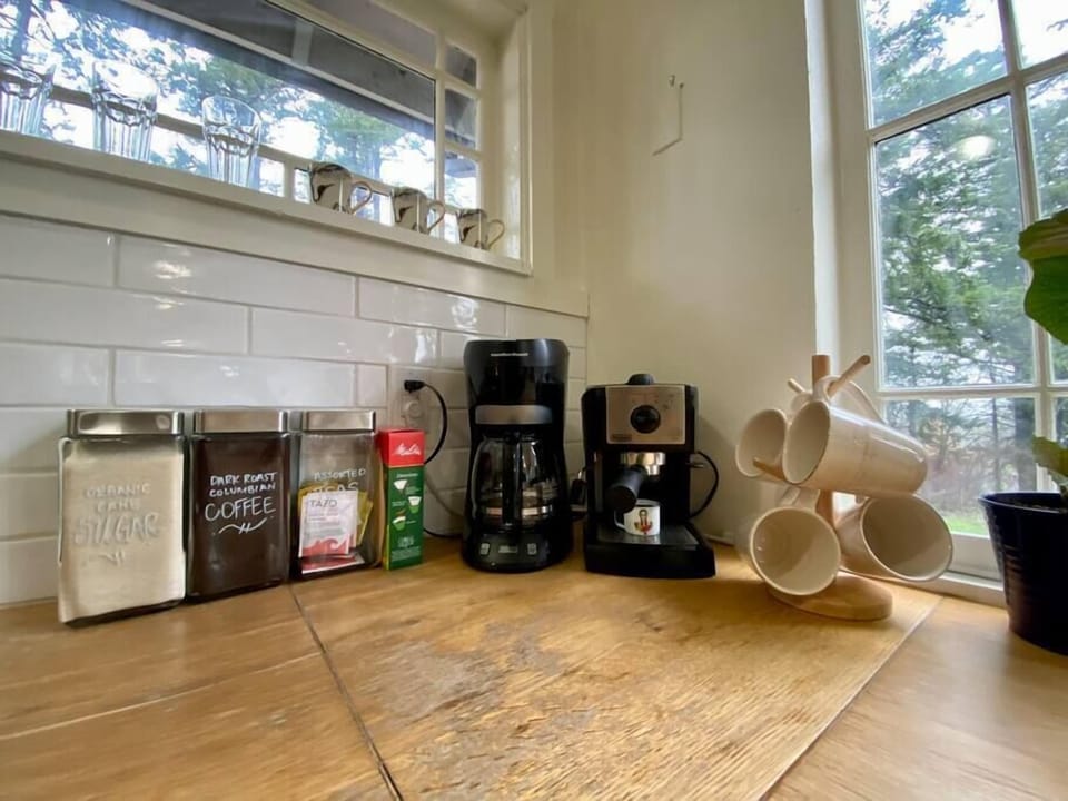 Coffee, tea, sugar, spices, oil. Espresso and 12 cup coffee maker. 