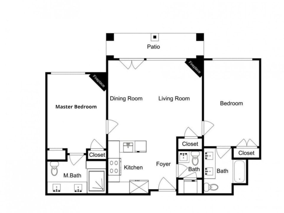 This floorplan is reversed. The Primary room is actually on the right, and the guest is on the left. The patio is a balcony. The condo is on the second floor.