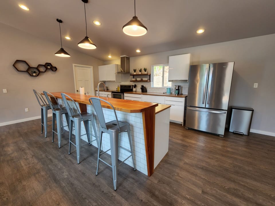 Large kitchen with bar seating