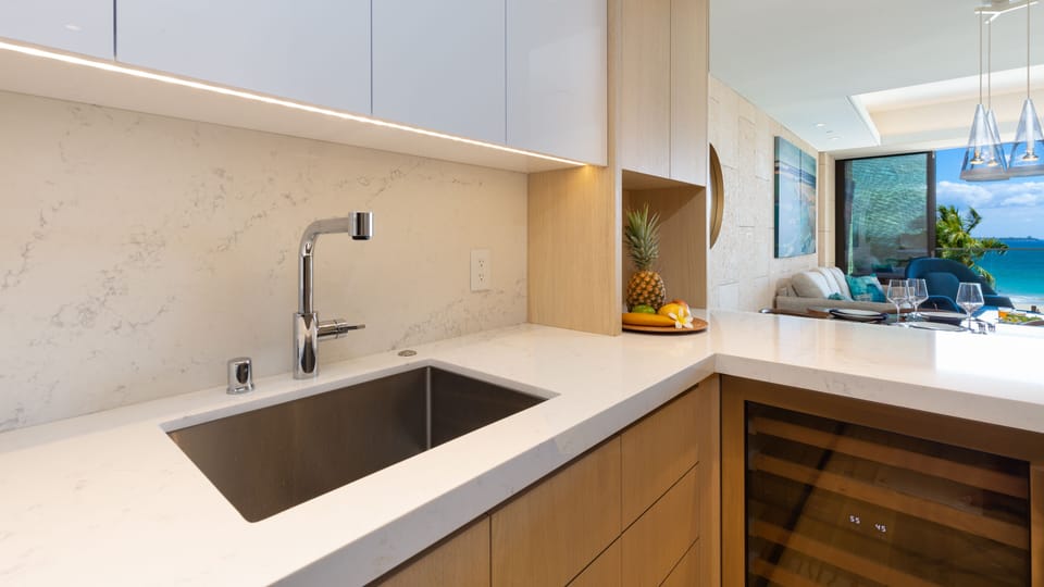 Contemporary kitchen stocked with cooking essentials and a wine chiller