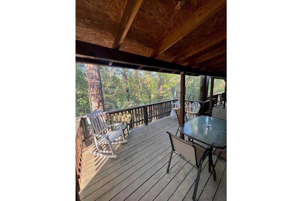 Large back deck. Secluded by pine trees.  Great lighting at night time. 