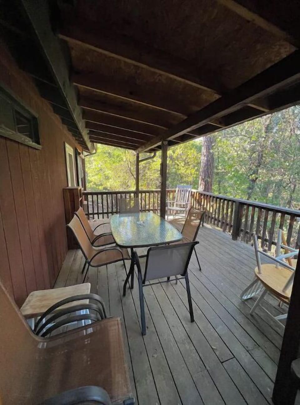 Large back deck. Secluded by pine trees.  Great lighting at night time. 