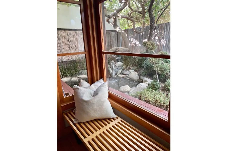 Window seat overlooking koi pond