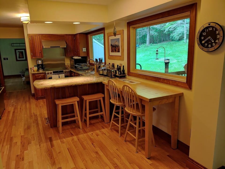 Kitchen contains induction stove, microwave, toaster oven, fridge, rice maker