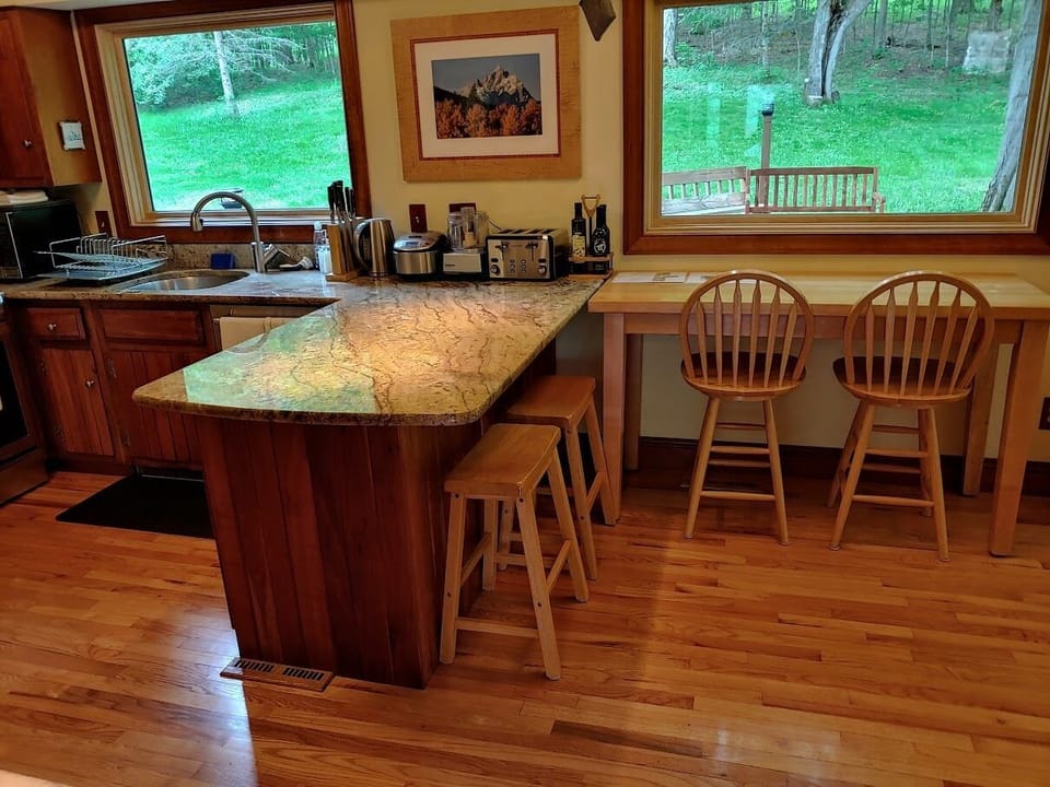 Kitchen contains induction stove, microwave, toaster oven, fridge, rice maker