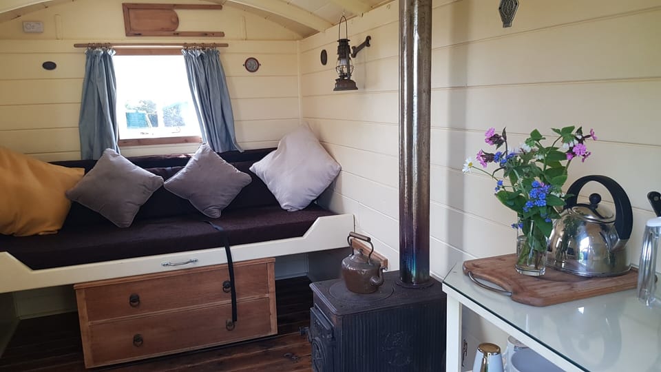 The wagon has been organized for simple living.