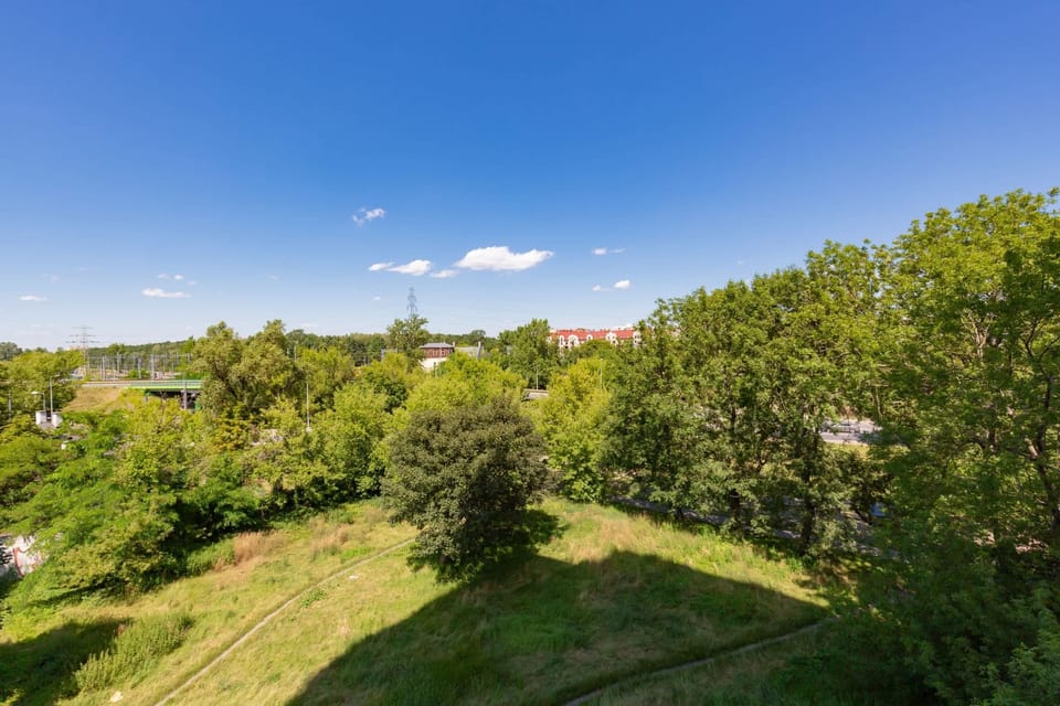 A scenic view from the apartment, overlooking a lush green park.
