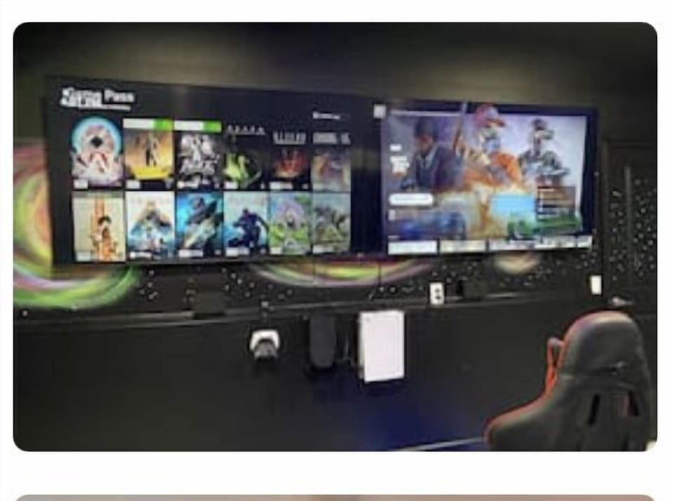 Two 65" TV's with X-Box, PlayStation and Nintendo Switch ready docking bay
