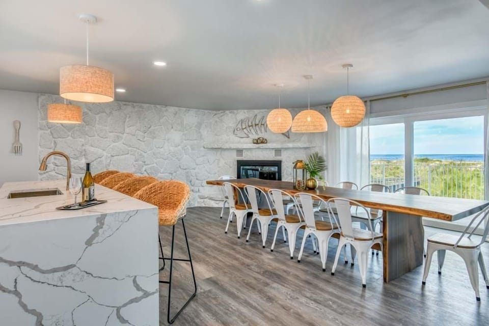 Kitchen and Dining Area Seating + Fireplace