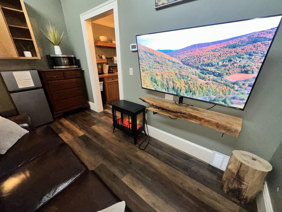 Cozy living room with modern entertainment and rustic charm
