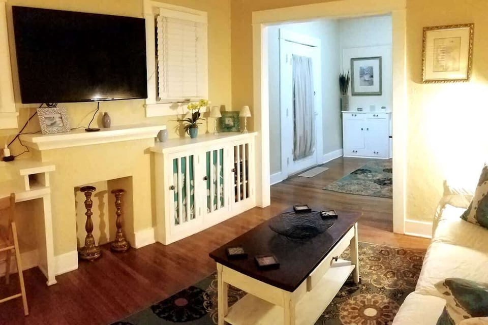 Living Room with Smart TV and comfy down-padded sofa (with queen folding bed inside)