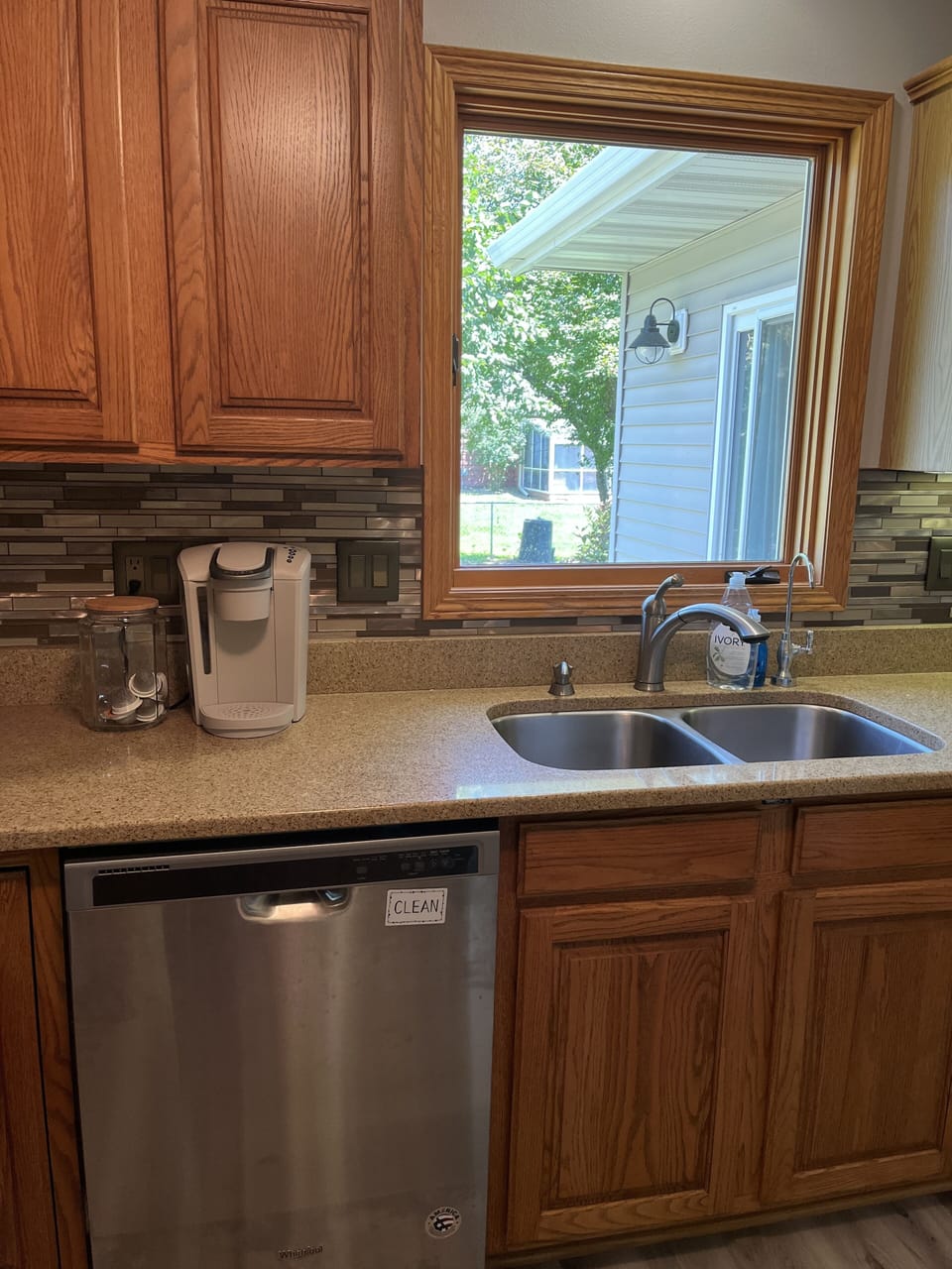 Kitchen has Keurig, tea kettle, blender, toaster, microwave and dishwasher.  